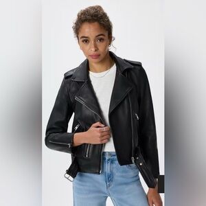 Quince Womens Black 100% Top Grain Leather Biker Jacket Moto Belted Size Large